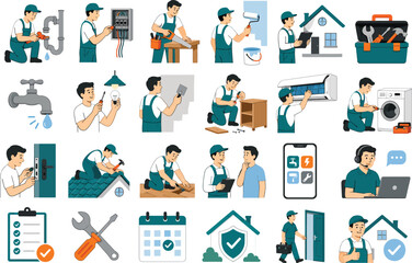 Fototapeta premium Home Repair Maintenance Flat Vector Mini Illustration Set