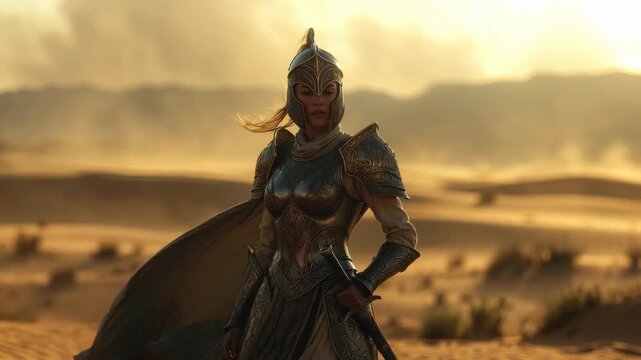 Female warrior in detailed armor, realistic style, set against sandy desert backdrop, symbolizing strength and courage