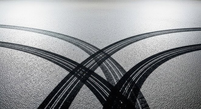 Dark rubber skid marks contrasting sharply against light asphalt, illustrating high velocity and sudden braking or abrupt stopping, graphic, repeat, road