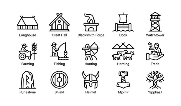 Set of viking era building and activity icons in outline