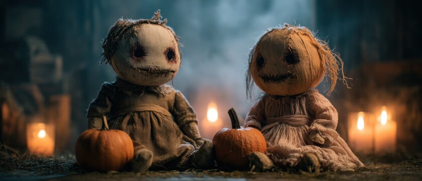 Two spooky dolls with pumpkins and candles