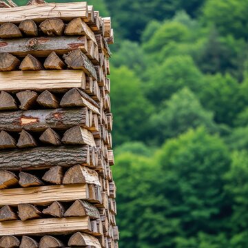 Rough stacked firewood logs piled high near a thick green woodland. Textured natural background emphasizing timber harvesting and raw material, Forest, resources, pattern