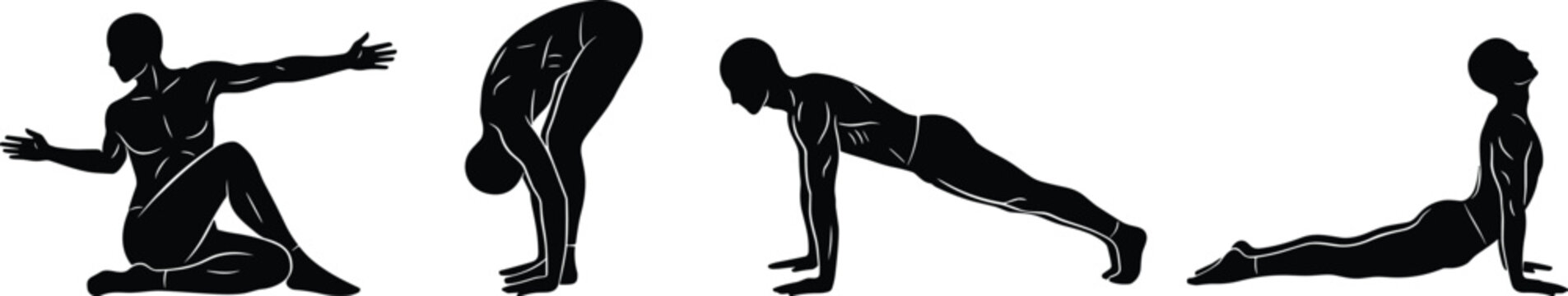 Black silhouettes of a man performing yoga asanas including cobra pose plank and forward fold isolated on white background for fitness concepts