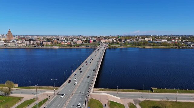Drone View of Salu Bridge and Daugava River in Riga Latvia