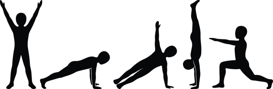 Black silhouettes of a person performing various fitness exercises including plank side plank handstand and lunges isolated on white background