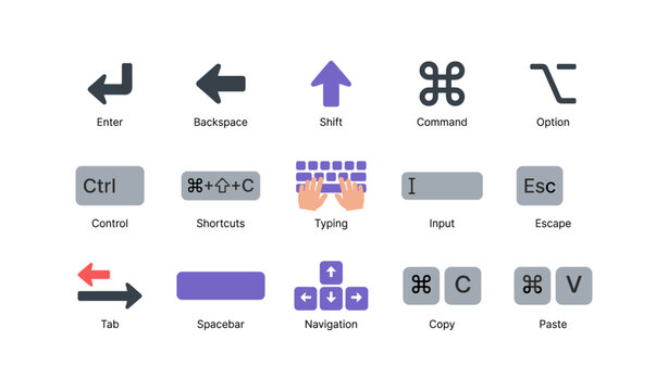 Keyboard and shortcut icons arranged in rows on white background