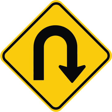 Yellow u-turn road sign with black arrow on yellow background Vector