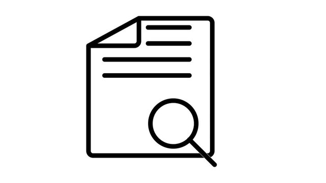 Animated document analysis icon featuring a scanning magnifying glass for data research and SEO audit concepts.
