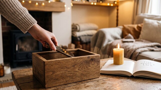 Person lighting candle in wooden box during cozy indoor moment