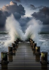 Fototapeta premium Dramatic Ocean Waves Crashing Against a Wooden Pier Under Stormy Clouds Creating a Wing-Li