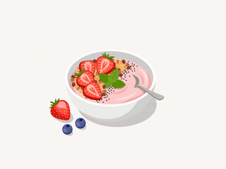Strawberry Smoothie Bowl with Fresh Strawberry Slices, Granola and Mint © Akasha Design