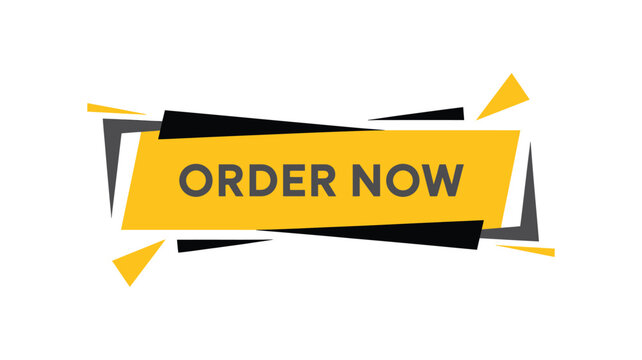 Order now button design with yellow rectangle and dark angular elements isolated on transparent background for sales promotion.