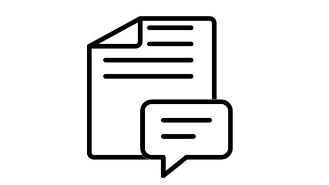 Animated consulting document icon featuring popping chat bubbles for customer feedback, survey results, and communication reports.