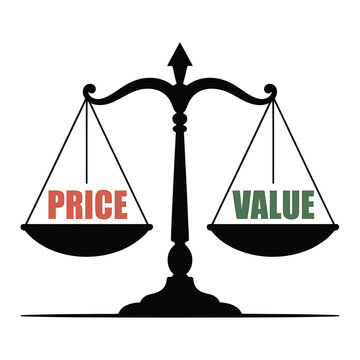 Scales of justice balancing red price and green value text on transparent background representing consumer choice and worthiness.