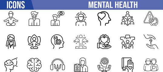 Fototapeta premium Mental health psychology therapy icons. brain icon set, heart icon set, headphones icon set