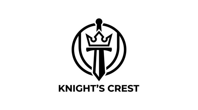Black and white knight crest logo with sword and crown.