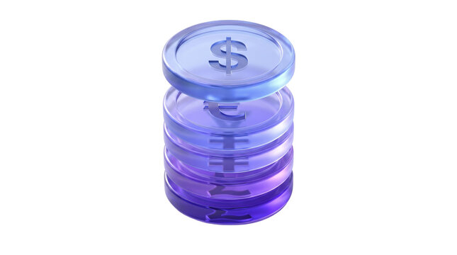 3D glass currency coins stack isolated on transparent background png