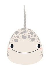 Cute little narwhal face illustration isolated. Kawaii cartoon character. Wild animal, baby animal, wildlife, nature, fauna. Kids print, design element, clip art. Hand drawn flat vector © Maria Skrigan