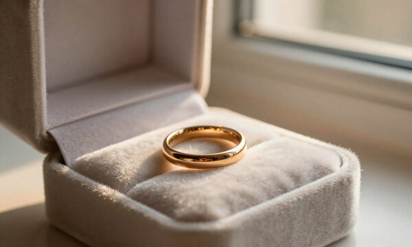 delicate gold wedding band lies nestled creases velvet box bathed warm golden light spilling nearby window soft