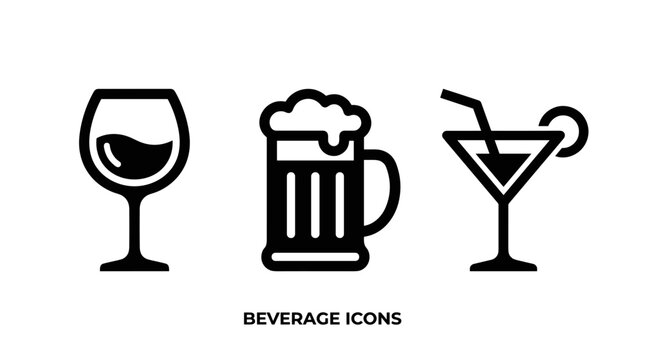 Three Simple Beverage Icons Representing Drinks.