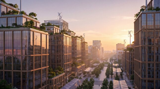 Futuristic urban landscape with green rooftops at sunset