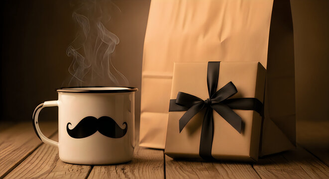Steaming coffee mug with mustache design next to gift box on wooden table for celebration