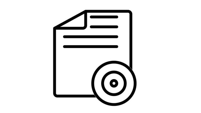 Animated business goal document icon featuring a target bullseye for marketing objectives, focus, and performance strategies.