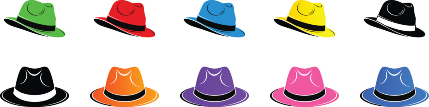 Colorful fedora hats in various styles and colors vector illustration.