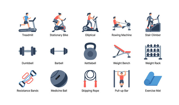 Gym equipment and workout accessories displayed on white grid
