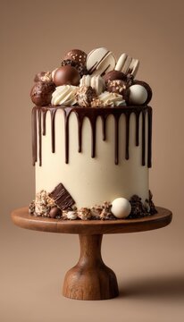 Vertical center hero tall handmade chocolate drip cake smooth frosting artisan toppings