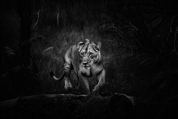 Obraz premium Majestic Lioness Stalking in Dark Monochrome Wilderness