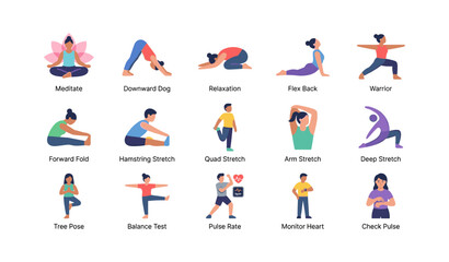 Fototapeta premium Illustrated people performing yoga poses on white background