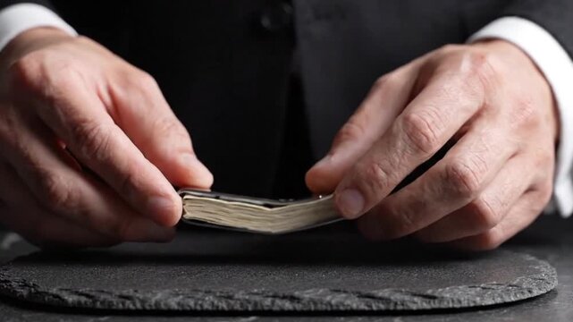 Professional businessman holding a compact silver metal money clip containing a stack of folded paper banknotes to secure his personal currency for travel