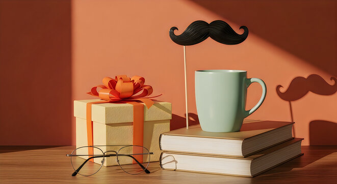 Fathers Day gift setup with mug, books, and decorative mustache on warm wooden table