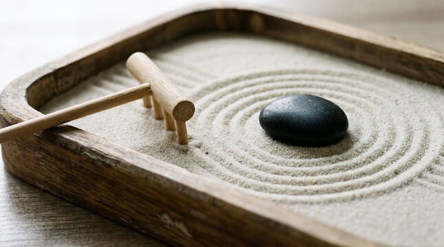 Zen garden tray with sand, stone, and rake