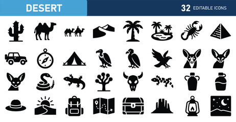 Set of 32 outline icons related to desert. Linear icon collection. Editable stroke. Vector illustration © MdMohiuddin