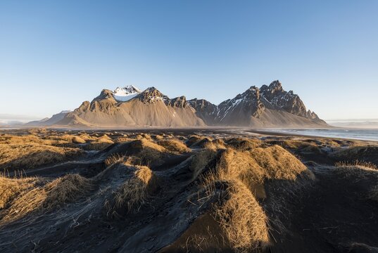 Lava beach, black sand beach, overgrown dunes, mountains Klifatindur, Eystrahorn and Kambhorn, headland Stokksnes, massif Klifatindur, Austurland, East Iceland, Iceland