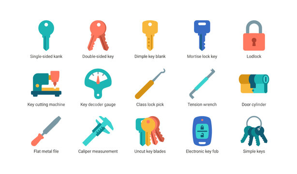 Colorful locksmith icons showing keys tools and lock symbols