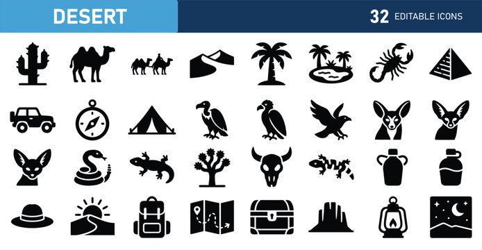 Set of 32 outline icons related to desert. Linear icon collection. Editable stroke. Vector illustration