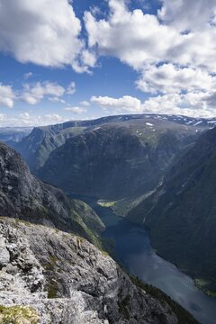 View from the top of Breiskrednosi, mountains and fjord, N&aelig;r&oslash;yfjord, Aurland, Norway