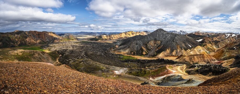 Landscape panorama, Dramatic volcanic landscape, Colourful erosion landscape with mountains, Lava field, Landmannalaugar, Fjallabak nature reserve, Su&eth;urland, Iceland