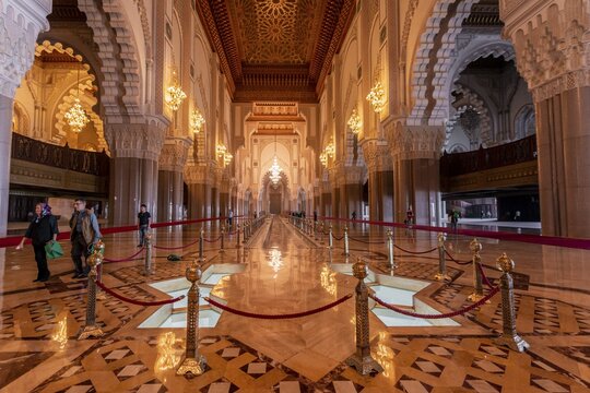 Interior view, prayer hall decorated with ornaments, Hassan II Mosque, Grande Mosqu&eacute;e Hassan II, Moorish architecture, Casablanca, Morocco