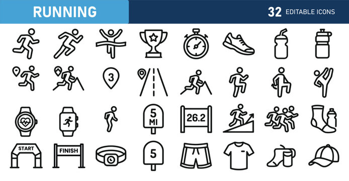 Set of 32 outline icons related to running. Linear icon collection. Editable stroke. Vector illustration