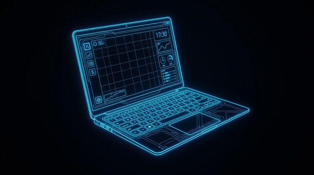 Digital laptop computer featuring a glowing blue neon wireframe graphic interface representing advanced data analytics and futuristic software technology in this high quality conceptual photograph for
