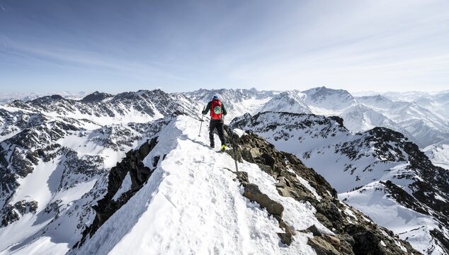 Ski tourers at the summit of the Sulzkogel, view of the peaks of the Stubai Alps, mountain panorama, K&uuml;htai, Stubai Alps, Tyrol, Austria