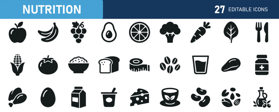 Nurition icon set. Editable line icons. Vector illustration.