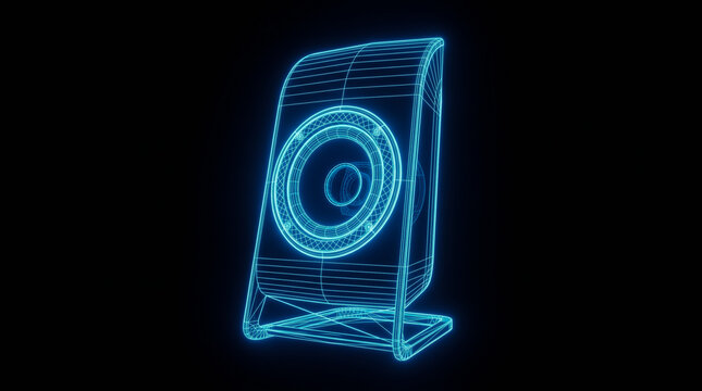 Glowing blue wireframe model of a modern audio speaker shown in this high quality digital image capture demonstrating geometric structural design elements for advanced visualization and engineering pr