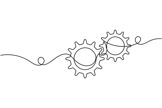 Two connected gears icon sign continuous one line drawing on white background minimalist teamwork mechanism for business development symbol outline vector illustration