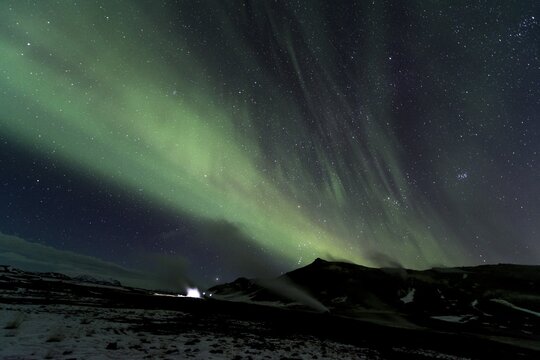 Northern Lights (Aurora borealis) over landscape near M&yacute;vatn, Northern Iceland, Iceland