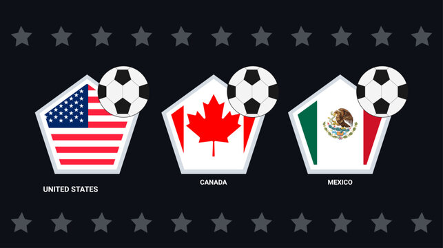 Dark mode USA, Canada, and Mexico national flags in pentagon shapes with soccer balls. Concept for FIFA World Cup 2026 hosts, North American football tournament on dark background.